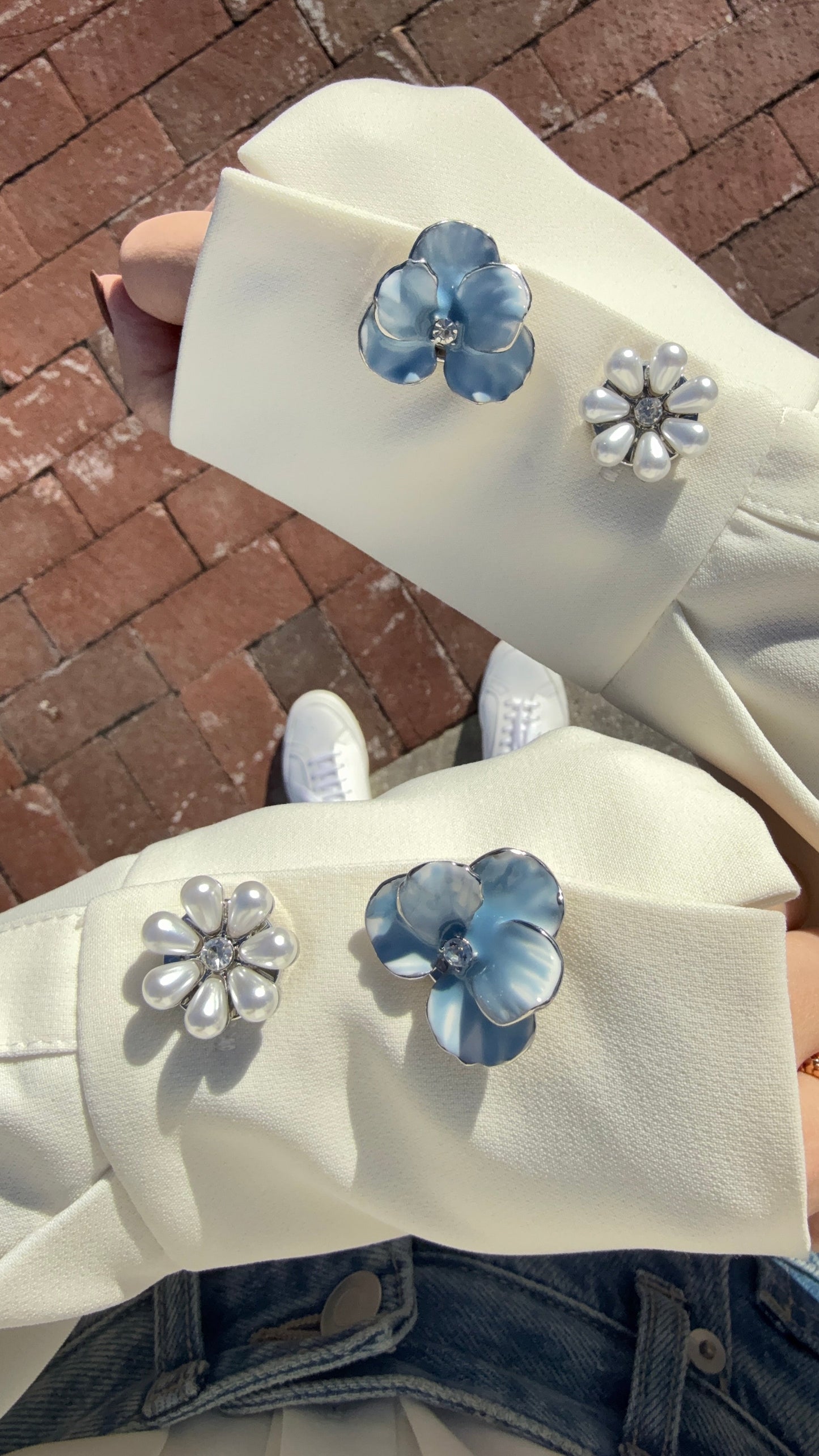 The Morning Mist Button Cover Set – Silver Enamel Bloom with Dewdrop Zirconia